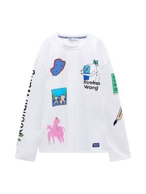 Zara White Long-Sleeve Tee with Colorful Graphic Prints